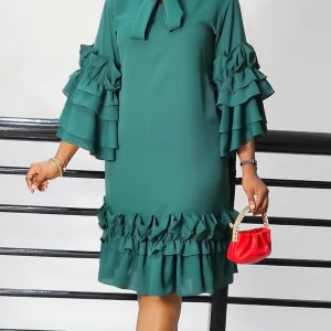 D006 Ruffled trumpet sleeves large size dress