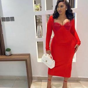 D038V collar long sleeve diamond bandage dress