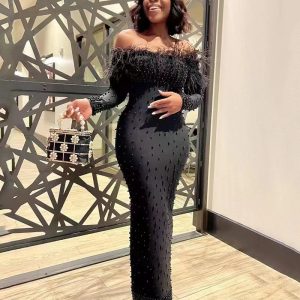 D040 neckline feather long sleeve full piece heavy stitching bead bandage dress