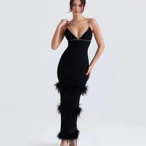 D041 low-cut rhinestone feather temperament slimming halter dress