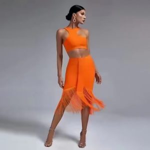 D033 sleeve short top fringe high waist skirt bandage set skirt
