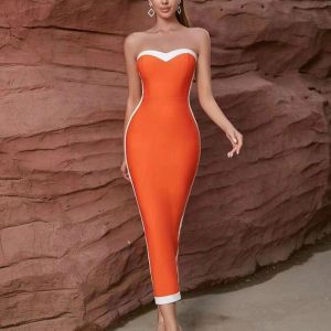 D037 Wipe chest contrast color slimming temperament hip wrap bandage jumpsuit